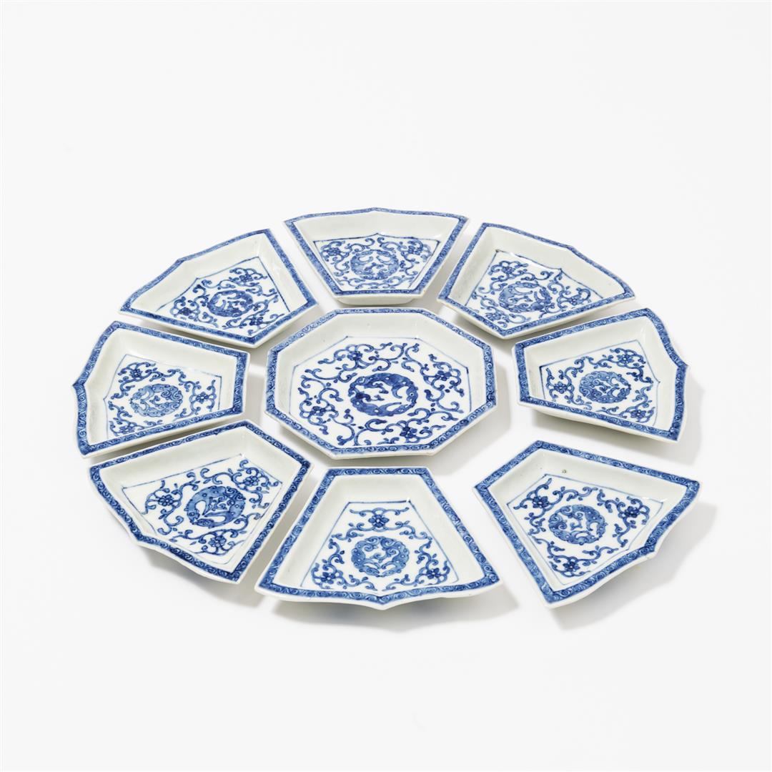 A collection of five various Chinese blue and white serving dishes Qianlong...