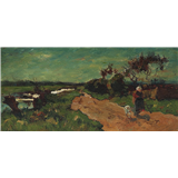 Zwart Willem Hendrikus Petrus Johannes de – Zomerlandschap met boerin op landweg, gesigneerd linksonder, olieverf op paneel, 11.5 x 23.5 cm – kavel bij Venduhuis De Eland