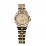 ROLEX, stalen en geelgouden dameshorloge, type Oyster Perpetual Datejust, met champagnekleurige wijzerplaat voorzien van datumaanduiding en diamant… – kavel bij Venduhuis De Eland