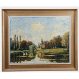 Karel Martin Claessens (Antwerpen 1864 - Berchem 1938), Zwanen in een meer bij een landhuis, gesigneerd (rechtsonder), olieverf op doek – kavel bij Medusa Auctioneers