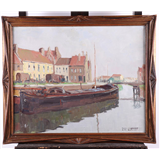 Jean-François Luypaert (Vilvoorde, 1893 - 1954, Oostende), Een binnenvaartschip aan de kade, gesigneerd (rechtsonder), olieverf op doek op paneel (… – kavel bij Medusa Auctioneers