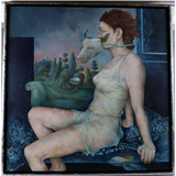 Clara Francisca (Clary) Mastenbroek – Mastenbroek, Clara Francisca (Clary) (Hilversum 1947-) "Vrouw met maskerade", olieverf/linnen, h 100 x b 100 cm – kavel bij Veilinghuis Omnia