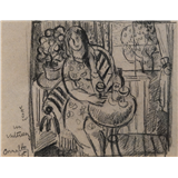 Corneille – Vrouw aan tafelgeannoteerd, gesigneerd en gedateerd Corneille '45 linksonderzwartkrijt op papier16 x 20,5 cm.Noot: op verso voorzien va… – kavel bij Van Spengen