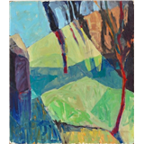 20e eeuw Pieter B. – Landschap op Paaseiland met beeldolie op board122 x 122 cmges – kavel bij Zuydwal Veilingen